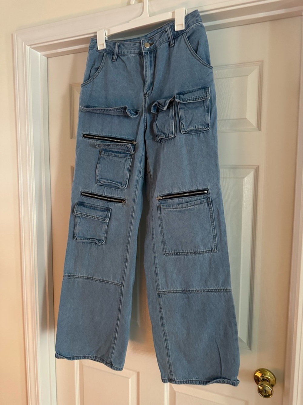 Fashion Nova High-Rise Light Blue Cargo Jeans with Multiple Patch Pockets